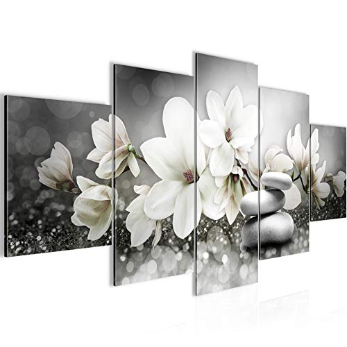 Runa Art - Bilder Blumen Magnolien 200 x 100 cm 5 Teilig XXL Wanddekoration Design Schwarz Weiss 035451c von Runa Art