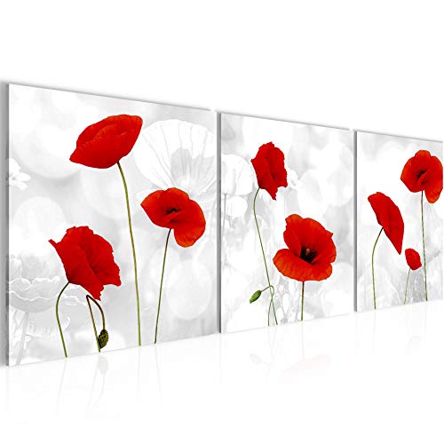 Runa Art - Bilder Blumen Mohnblume 120 x 40 cm 3 Teilig Wandbild auf Vlies Leinwand Grau Rot Mehrteilig Modern 028233a von Runa Art