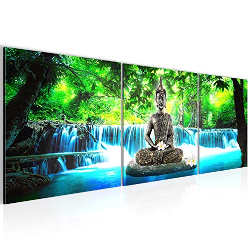 Runa Art Bilder Buddha Wasserfall 3 Teilig Bild auf Vlies Leinwand Deko Wohnzimmer Schlafzimmer 90 x 30 cm Natur Blau Grün 503534b von Runa Art