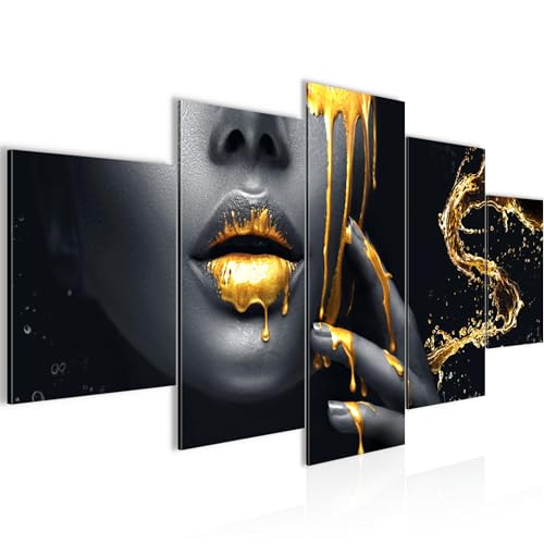 Runa Art - Bilder Lippen Gold Schwarz 200 x 100 cm 5 Teilig XXL Wanddekoration Design Frau 041551a von Runa Art