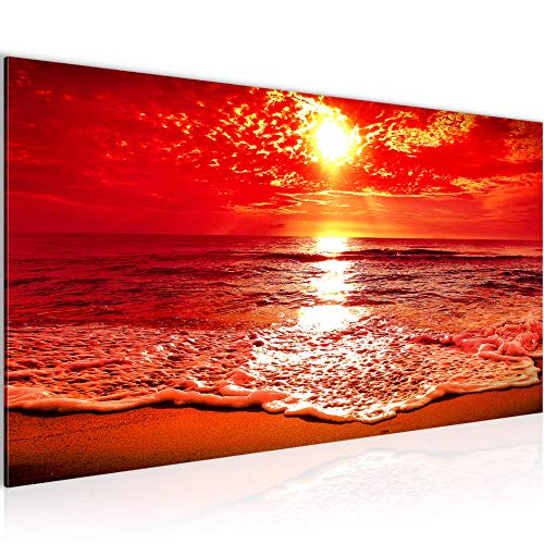 Runa Art Wandbild Sonnenuntergang Strand 1 Teilig 100 x 40 cm Modern Bild auf Vlies Leinwand Panorama Wasser Schlafzimmer Wohnzimmer Rot 600012b von Runa Art