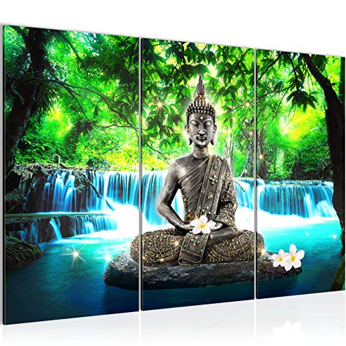 Runa Art Wandbilder Buddha Wasserfall Bild XXL Wohnzimmer Schlafzimmer Blau Grün Natur 120 x 80 cm 3 Teilig 503531b von Runa Art