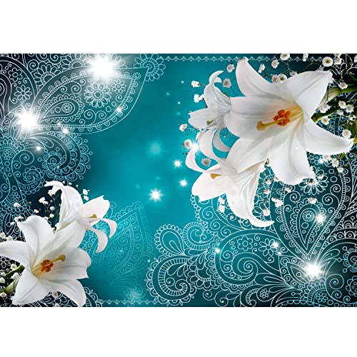 Runa Art Fototapeten 396 x 280 cm Lilien Blumen Ornament - Vlies Wanddekoration Wohnzimmer Schlafzimmer - Deutsche Manufaktur - Türkis 9195012a von Runa Art