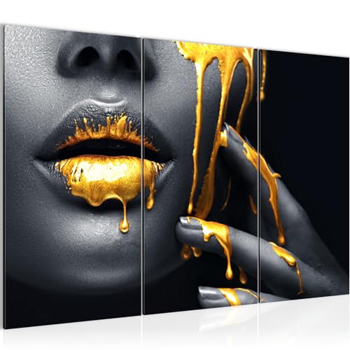 Runa Art Wandbilder Lippen Gold Schwarz Bild XXL Wohnzimmer Schlafzimmer Frau Kosmetik Fashion 120 x 80 cm 3 Teilig 041531a von Runa Art