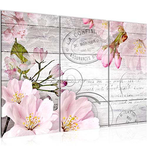 Runa Art Wandbilder Vintage Blumen Bild XXL Wohnzimmer Schlafzimmer Rosa Grau Sakura 120 x 80 cm 3 Teilig 210031a von Runa Art