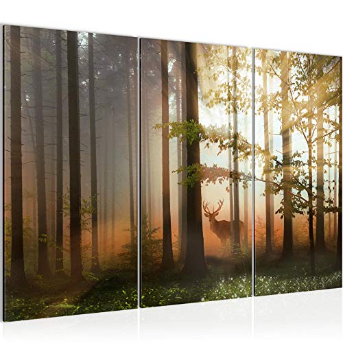 Runa Art Wandbilder Wald Hirsch Bild XXL Wohnzimmer Schlafzimmer Grün Gelb Natur 120 x 80 cm 3 Teilig 012731a von Runa Art