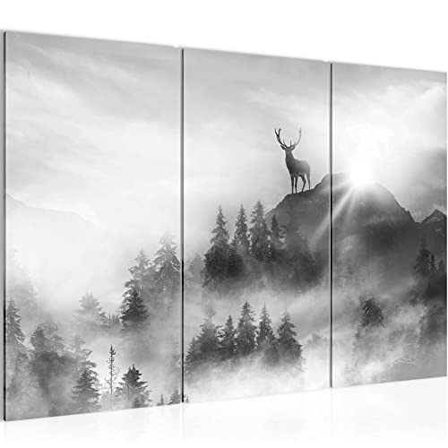 Runa Art Wandbilder Wald Hirsch Bild XXL Wohnzimmer Schlafzimmer Schwarz Weiss Natur Berge 120 x 80 cm 3 Teilig 042831c von Runa Art