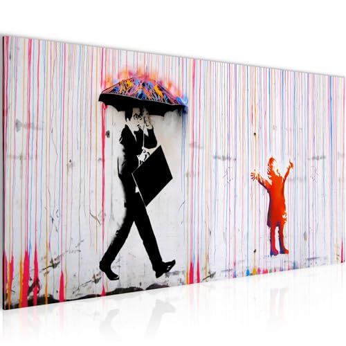 Runa Art Wandbild Banksy-Style Colored Rain 1 Teilig 100 x 40 cm Modern Bild auf Vlies Leinwand Streetart Graffiti Loft Wohnzimmer Grau Rot 040312a von Runa Art