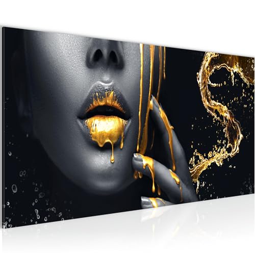 Runa Art Wandbild Lippen Gold Schwarz 1 Teilig 100 x 40 cm Modern Bild auf Vlies Leinwand Kosmetik Fashion Wohnzimmer Schlafzimmer Frau 041512a von Runa Art