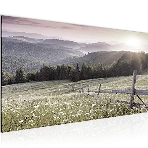 Runa Art Wandbild Sonnenaufgang Landschaft 1 Teilig 100 x 40 cm Modern Bild auf Vlies Leinwand Blumenwiese Schlafzimmer Wohnzimmer Grau Rosa 606012c von Runa Art