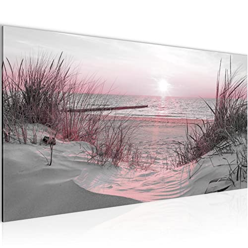 Runa Art Wandbild Strand Sonnenuntergang 1 Teilig 100 x 40 cm Modern Bild auf Vlies Leinwand Meer Natur Schlafzimmer Wohnzimmer Rosa Grau 041712b von Runa Art