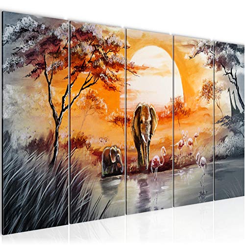 Runa Art Wandbild XXL Afrika Elefant Wohnzimmer Schlafzimmer 200 x 80 cm Grau Orange 5 Teilig - Made in Germany - 001155a von Runa Art