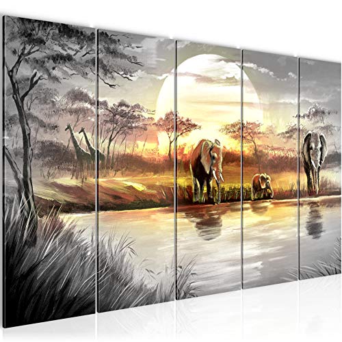 Runa Art Wandbild XXL Afrika Elefant Wohnzimmer Schlafzimmer 200 x 80 cm Grau Gelb 5 Teilig - Made in Germany - 000755a von Runa Art