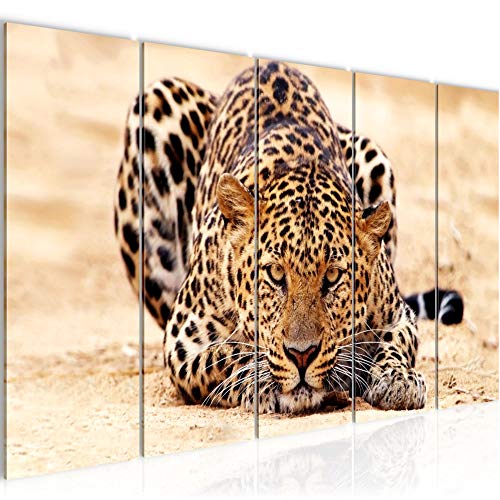 Runa Art Wandbild XXL Afrika Leopard Wohnzimmer Schlafzimmer 200 x 80 cm Beige Sepia 5 Teilig - Made in Germany - 000355b von Runa Art