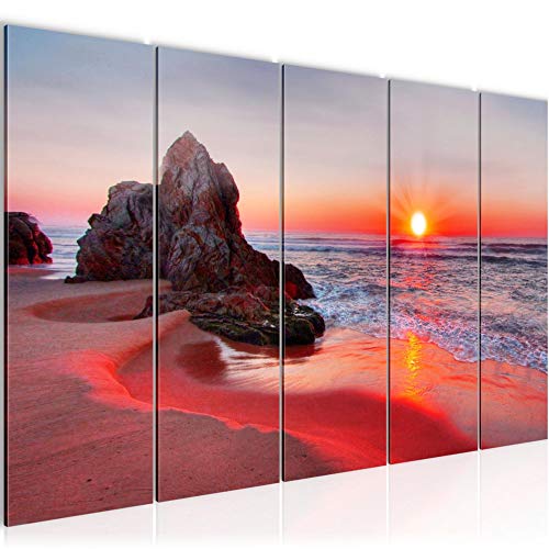 Runa Art Wandbild XXL Sonnenuntergang Strand Schlafzimmer Wohnzimmer 200 x 80 cm Rot 5 Teilig - Made in Germany - 609555b von Runa Art