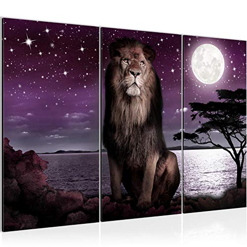 Runa Art Wandbilder Afrika Löwe Bild XXL Wohnzimmer Schlafzimmer Lila Grau Mond 120 x 80 cm 3 Teilig 022931b von Runa Art