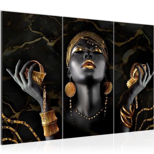 Runa Art Wandbilder Afrikanische Frau Bild XXL Wohnzimmer Schlafzimmer Schwarz Gold Fashion Beauty 120 x 80 cm 3 Teilig 045431a von Runa Art