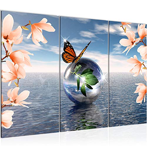 Runa Art Wandbilder Blumen Magnolien Bild XXL Wohnzimmer Schlafzimmer Bunt Meer Schmetterling 120 x 80 cm 3 Teilig 505131a von Runa Art