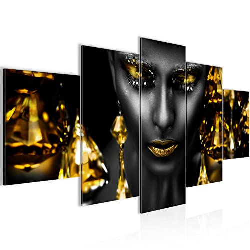 Runa Art Wandbilder Frau Gesicht Lippen 5 Teilig Bild auf Vlies Leinwand Deko Wohnzimmer Schlafzimmer Kosmetik Fashion Schwarz Gold 042152c von Runa Art