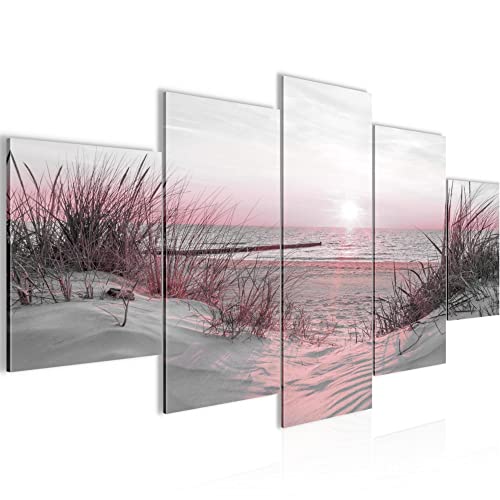 Runa Art Bild Schlafzimmer Wohnzimmer Strand Sonnenuntergang 5 Teilig Meer Natur Rosa Grau Wandbilder auf Vlies Leinwand 041753b von Runa Art