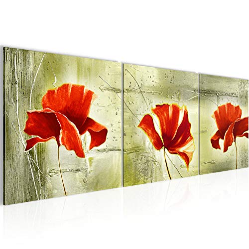 Runa Art - Bilder Blumen Mohnblumen 120 x 40 cm 3 Teilig Wandbild auf Vlies Leinwand Grün Rot Mehrteilig Modern 201133c von Runa Art