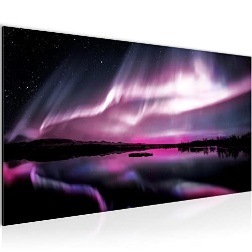 Runa Art Wandbild Nordlichter Nachthimmel 1 Teilig 100 x 40 cm Modern Bild auf Vlies Leinwand Polarlicht Island Wohnzimmer Schlafzimmer Violett Lila 041912c von Runa Art