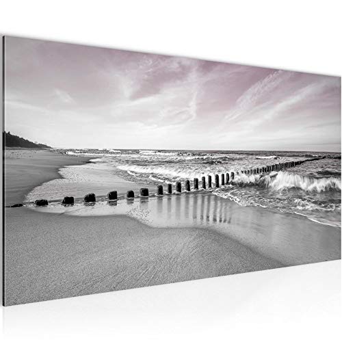 Runa Art Wandbild Strand Meer 1 Teilig 100 x 40 cm Modern Bild auf Vlies Leinwand Landschaft Schlafzimmer Wohnzimmer Grau Rosa 025212b von Runa Art