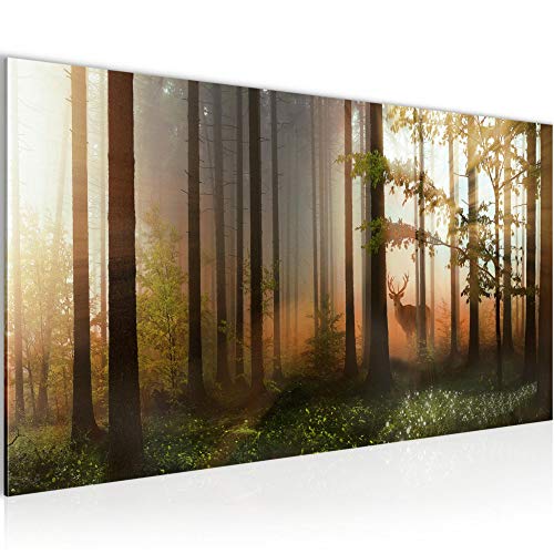 Runa Art Wandbild Wald Hirsch 1 Teilig 100 x 40 cm Modern Bild auf Vlies Leinwand Natur Wohnzimmer Schlafzimmer Grün Gelb 012712a von Runa Art