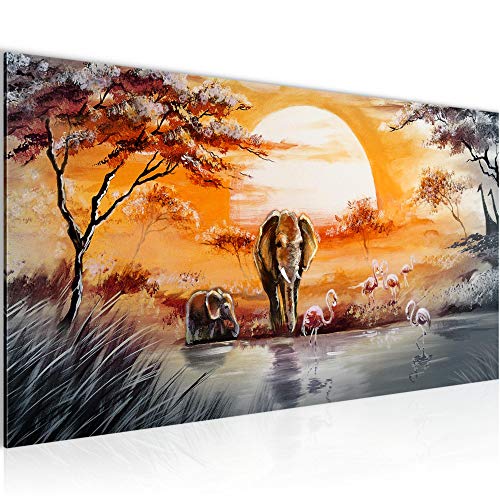 Runa Art Wandbild Afrika Elefant 1 Teilig 100 x 40 cm Modern Bild auf Vlies Leinwand Flamingo Wohnzimmer Schlafzimmer Grau Orange 001112a von Runa Art