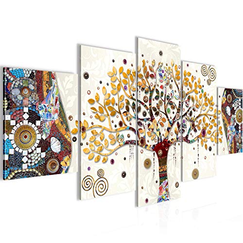 Runa Art Wandbilder Gustav Klimt Baum des Lebens 5 Teilig Bild auf Vlies Leinwand Deko Wohnzimmer Abstrakt Baum Bunt 004652a von Runa Art