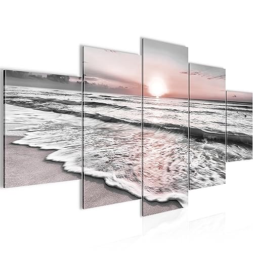 Runa Art Wandbilder Sonnenuntergang Strand 5 Teilig Bild auf Vlies Leinwand Deko Schlafzimmer Wohnzimmer Landschaft Grau Rosa 023752b von Runa Art