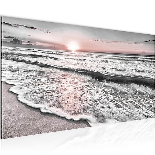 Runa Art Wandbild Sonnenuntergang Strand 1 Teilig 100 x 40 cm Modern Bild auf Vlies Leinwand Landschaft Schlafzimmer Wohnzimmer Grau Rosa 023712b von Runa Art