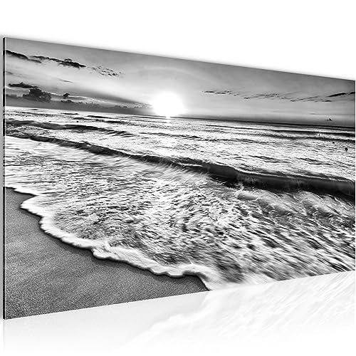 Runa Art Wandbild Sonnenuntergang Strand 1 Teilig 100 x 40 cm Modern Bild auf Vlies Leinwand Panorama Schlafzimmer Wohnzimmer Schwarz Weiss 023712c von Runa Art