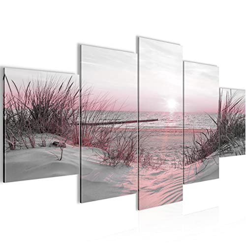 Runa Art Wandbilder Strand Sonnenuntergang 5 Teilig Bild auf Vlies Leinwand Deko Schlafzimmer Wohnzimmer Meer Natur Rosa Grau 041752b von Runa Art