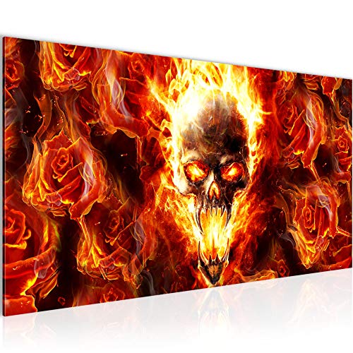 Runa Art Wandbild Totenkopf Blumen 1 Teilig 100 x 40 cm Modern Bild auf Vlies Leinwand Flamme Feuer Wohnzimmer Rot 402312c von Runa Art