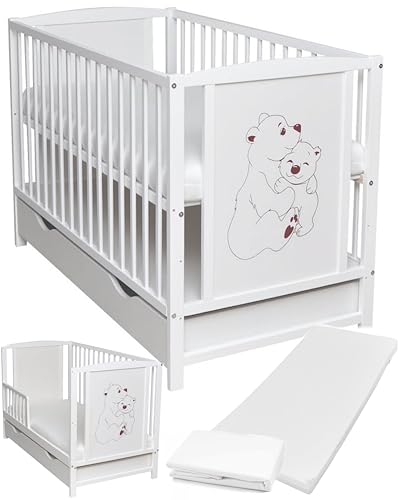 Dedstore-Baby Babybett mit Matratze 120x60 cm Höhenverstellbar - Komplett Set - Beistellbett Weiß Motiv Bär - Baby Bett - Kinderbett - Babybetten - Baby Bed Spannbettlaken mit Gummizug Laken von Dedstore-Baby