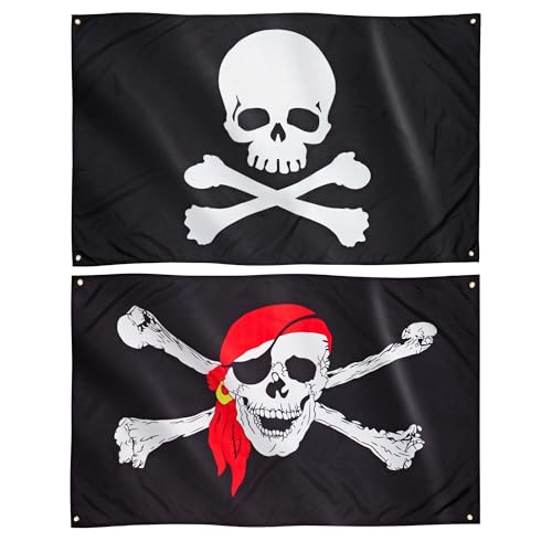 Runesol Piratenflagge 2er Pack, 3x5, 91x152cm, Doppelpack, Jolly Roger, Totenkopf, 4 Ösen, Messingöse in jeder Ecke, Partyflaggen, Halloween Dekorationen, Piraten Party Dekorationen von Runesol