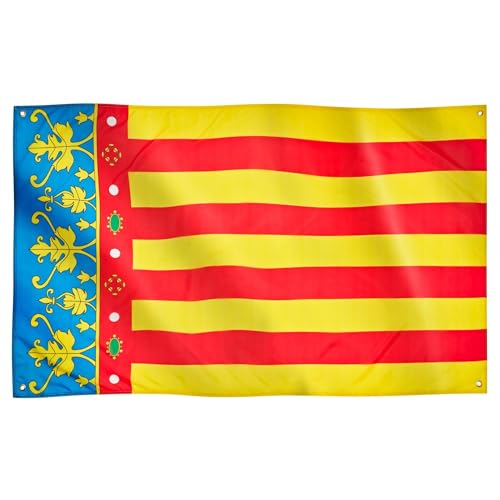 Runesol Region Valencia Flagge, 91x152cm, 3ft x 5ft, valencianische Flagge, 4 Ösen, Öse in jeder Ecke, Senyera Coronada, Reial Senyera, Premium-Flaggen, Spanien, innen, außen, lebendige Farben von Runesol