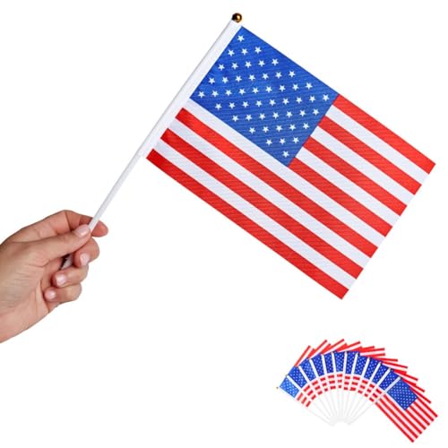 Runesol 12er Packung USA Handfahnen, 14 cm x 21 cm Stockfahnen, Mini-Handfahnen der Länder, Party-Deko, Wimbledon, Amerika kleine Flaggen, Sport, USA-Fahnen von Runesol