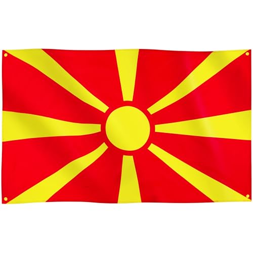 Runesol Nord-Mazedonien Flagge, 91x152cm, 4 Ösen, eine in jeder Ecke, Republik Nord-Mazedonien, MKD Flagge, Makedonija, Premium-Flaggen für drinnen und draußen, Fahne, lebendige Farben, Nordmazedonien von Runesol