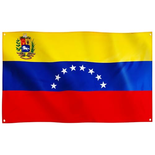 Runesol Venezuela Neue Flagge, 91 x 152 cm, 3 ft x 5 ft, 8 Sterne mit Wappenflagge, venezolanische Flagge, Banner der Bolivarischen Republik Venezuela, 4 Ösen, Premium-Flaggen, Ösen in jeder Ecke von Runesol