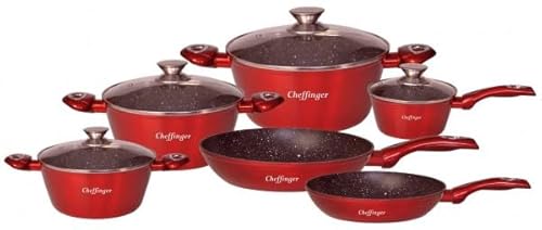 Kochtopf Kasserolle Bratpfannen Set 10-tlg rot Glasdeckel CF-FA-1010 von Rungassi