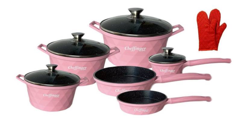 Rungassi Topf-Set Kochtopf Kasserolle Bratpfannen Set 12-tlg DIAC12 Rosa, Material: Aluminium, Glas von Rungassi