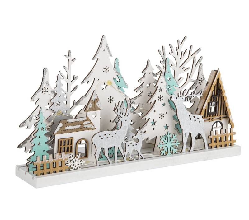 Rungassi Weihnachtsdorf Winterkulisse Holz Silhouette mit 15 Warm-Weißen LED´s 30cm 54902 von Rungassi