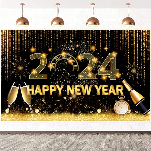 2024 Großes Happy New Year Banner Deko mit Schnur, 180 x 110 cm Neujahrs Innenhaus Fotohintergrund Dekoration, Silvester Partyzubehör von Runmeihe