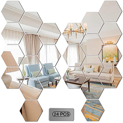 Runmeihe® 24Pcs Spiegelfliesen Selbstklebend Hexagon Spiegel Wandaufkleber Sechseckig Abnehmbare Kunst Kunststoff Fliesen Dekoration Geeignet Für Wohnzimmer, Bad, Schlafzimmer Wand DIY Dekor von Runmeihe