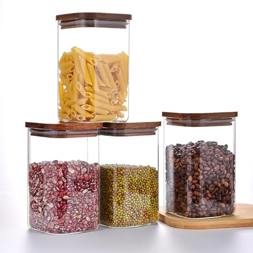 Runmoglon 1.1L 4er Set Vorratsgläser mit Deckel Eckig, Vorratsdosen aus Glas zur Aufbewahrung von Küchenzutaten, für Müsli, Cornflakes, Spaghetti und Kaffeebohnen von Runmoglon