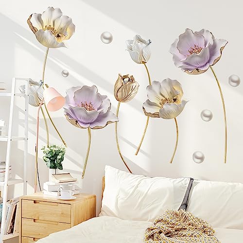 Runtoo 3D-Blumen-Wandaufkleber, Gold, Lotusblumen, Wandkunst-Aufkleber für Wohnzimmer, Schlafzimmer, TV-Hintergrund, Wanddekoration von Runtoo
