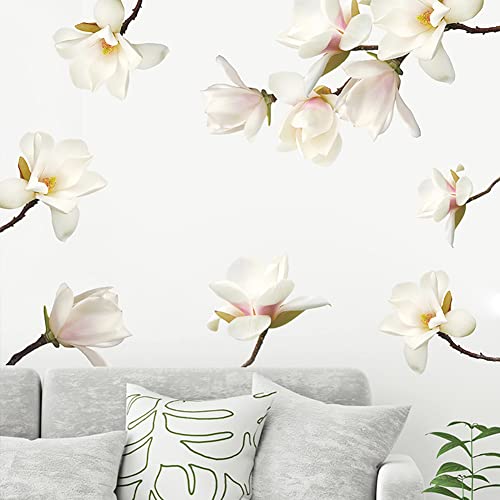 Runtoo 3D-Wandaufkleber mit weißen Blumen, Magnolie, Wandkunst, Aufkleber für Mädchen, Schlafzimmer, Wohnzimmer, Wanddekoration von Runtoo