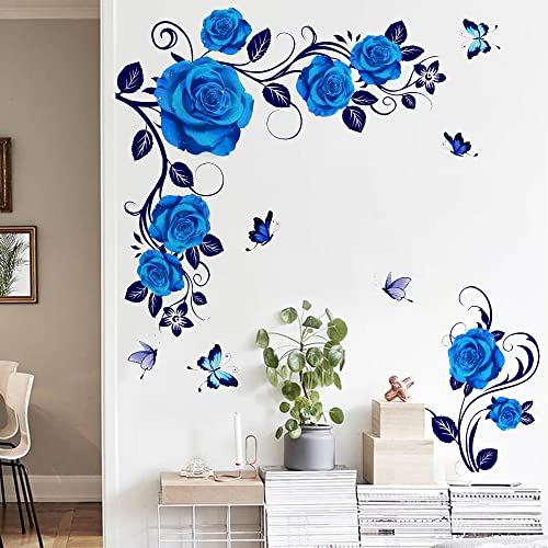 Runtoo Blaue Rose Wandkunst Aufkleber Hängende Ranke Blumen Wandaufkleber Wohnzimmer Mädchen Schlafzimmer TV Hintergrund Wanddekoration von Runtoo